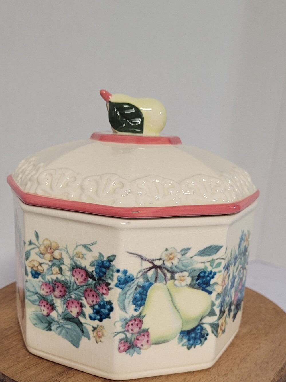 Octagonal Vintage Avon Fruit Motif Ceramic Canister with Pear Lid Accent